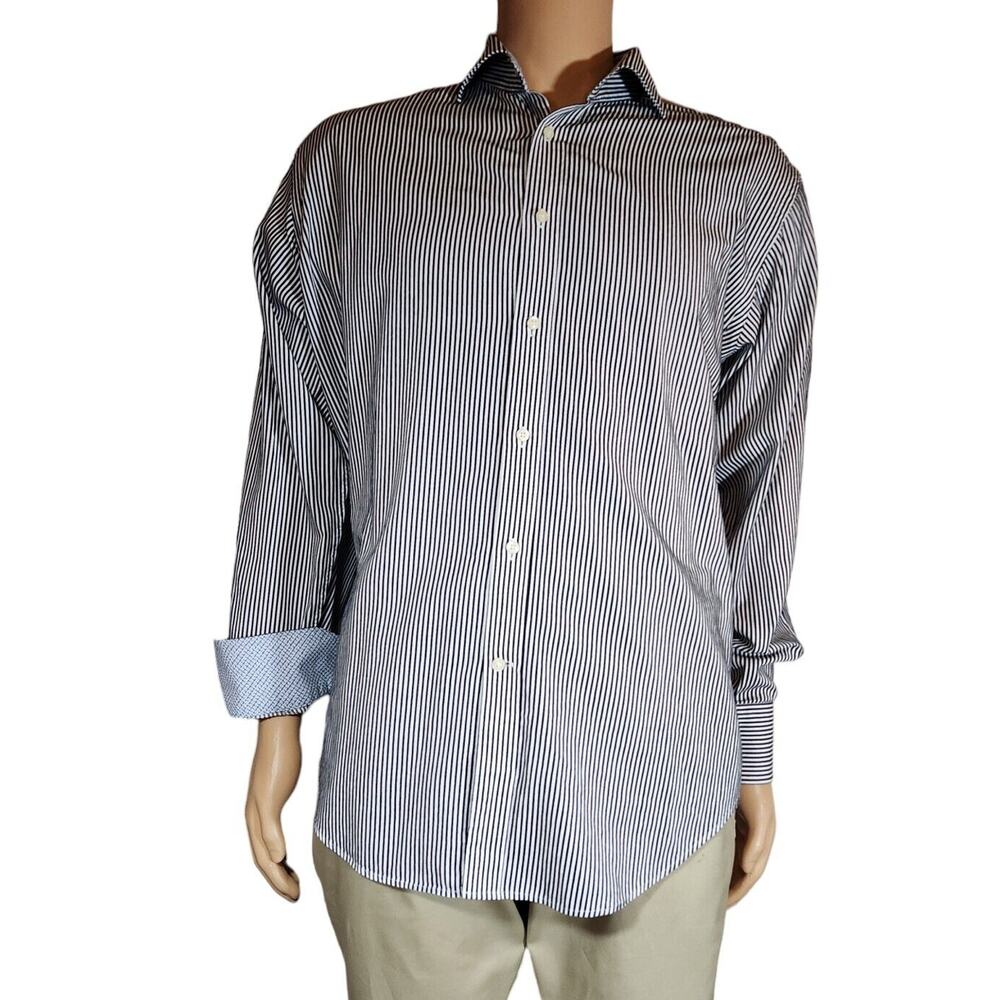 Jack Stone Thomas Dean Mens Shirt Large White Black Striped L/S Button Up
